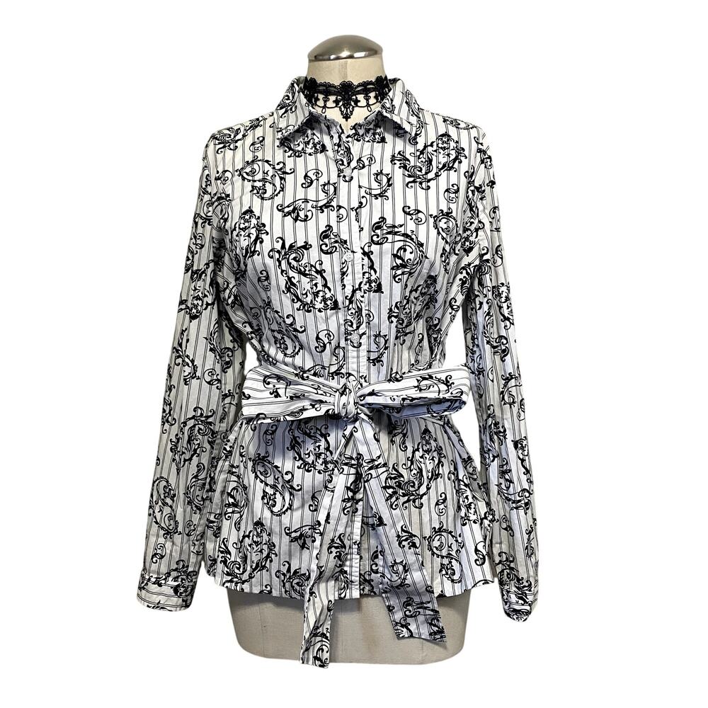 Y2K Liz Clairborne Swirly Tie Back Collared Shirt Grunge Corp Work Mallgoth Sz M